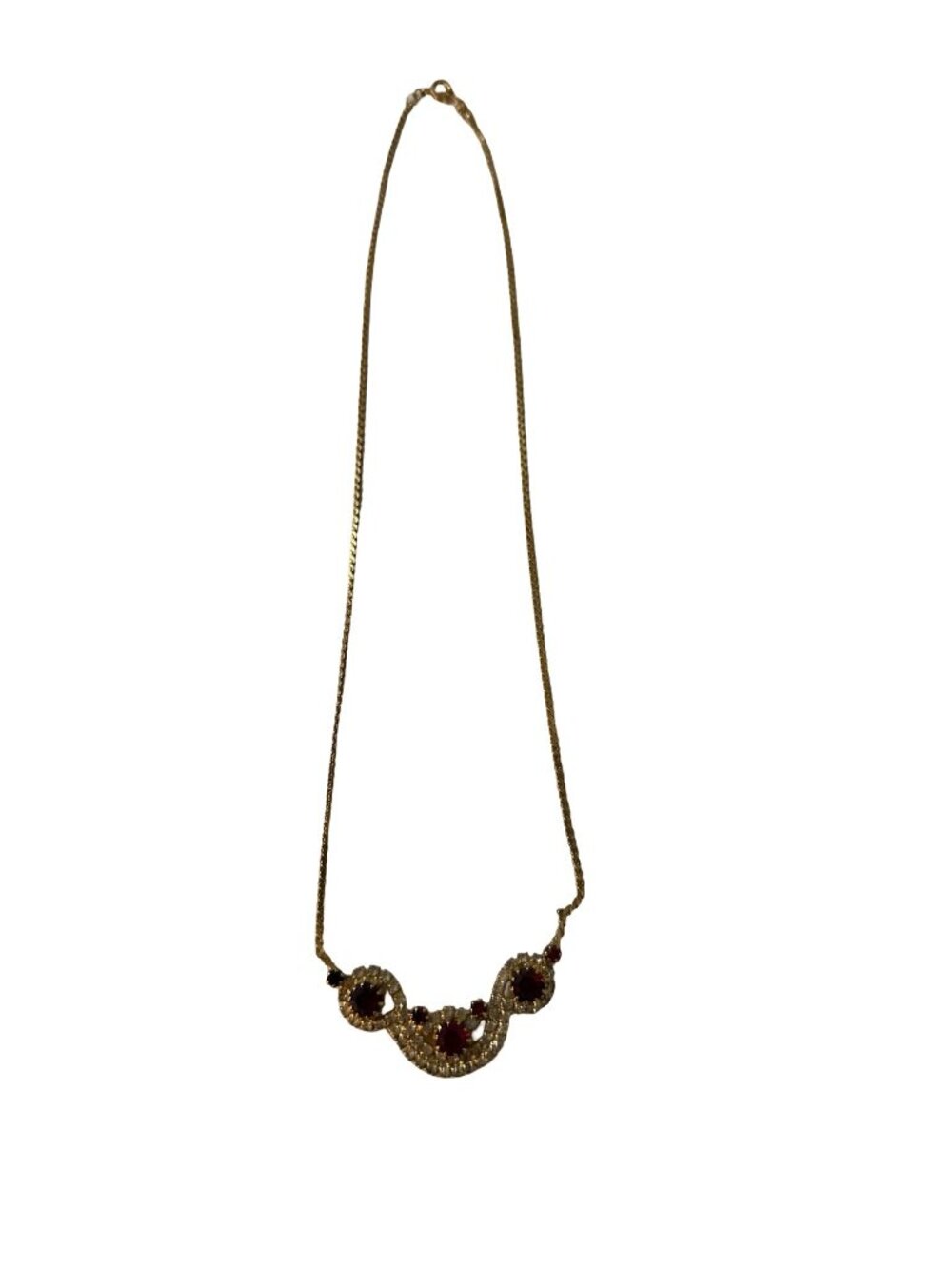 Vintage 1950s Red Clear Rhinestone Necklace Gold Tone Scroll Statement 18"